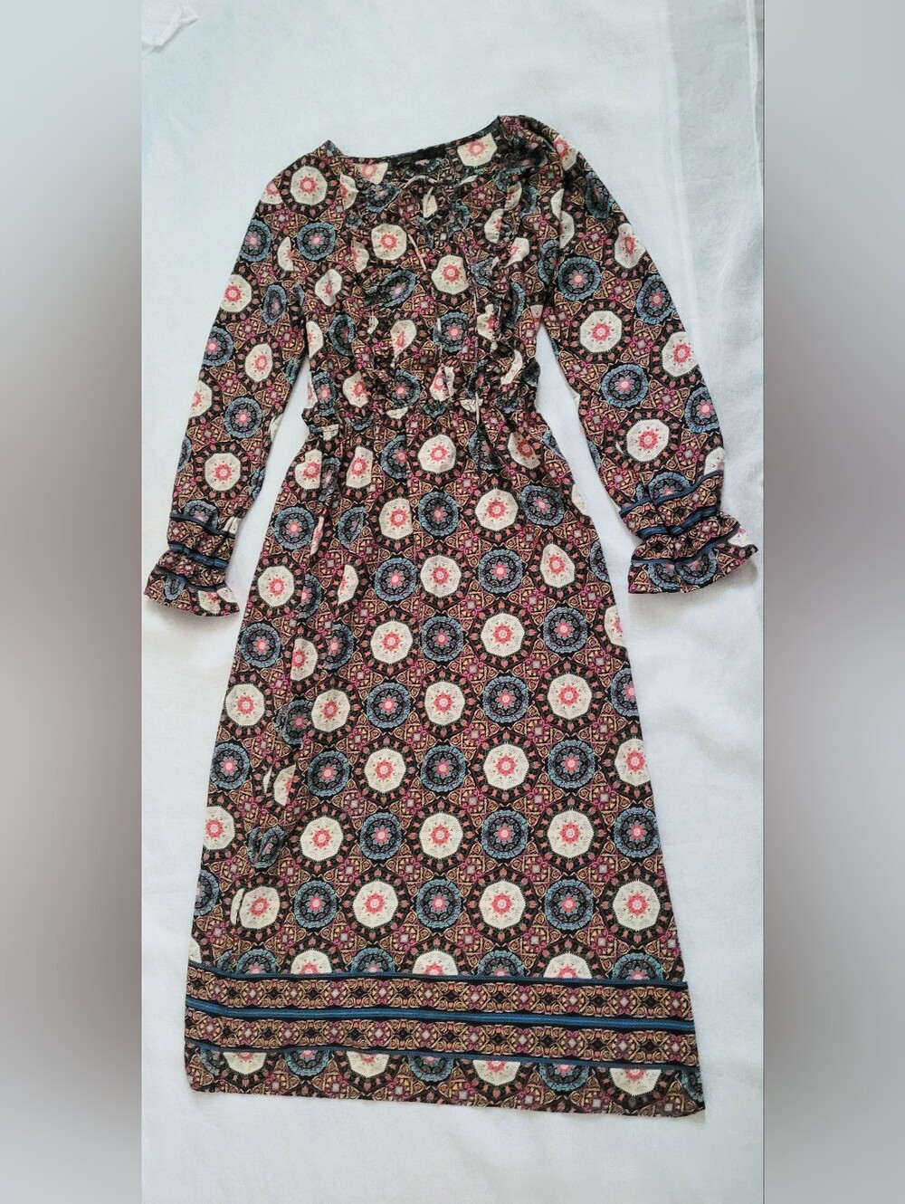 NWOT!Boho Geo Fall Garden Party Women's Cottagecore Ruffle Maxi Dress Small Gown